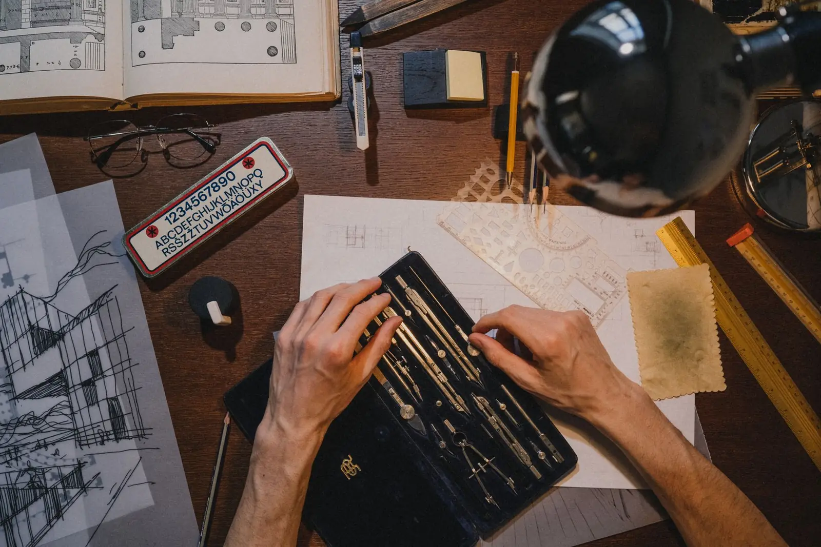 Overhead view of hands working on drawings with drafting tools on a wooden desk.